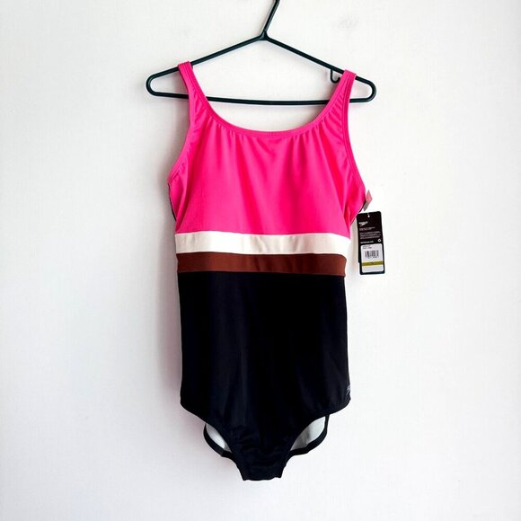 Speedo Colorblock Black Pink Open BAck One Piece Swimsuit 14 - Picture 1 of 8